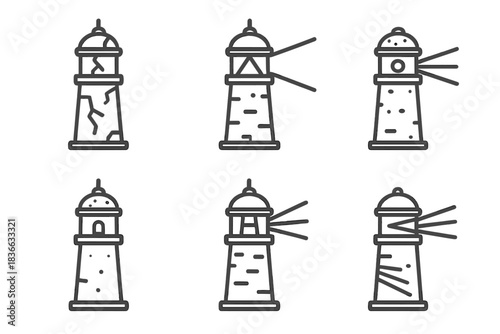 Weathered Light Tower Icons. Line style icons of weathered light tower: cracked lighthouse, prism window, aged beacon, refracted