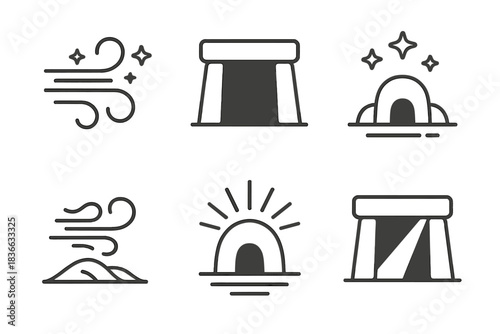 Astronomical Tomb Icons. Line style icons of astronomical tomb shift: cosmic gust, stone chamber, stellar alignment, windy crest,