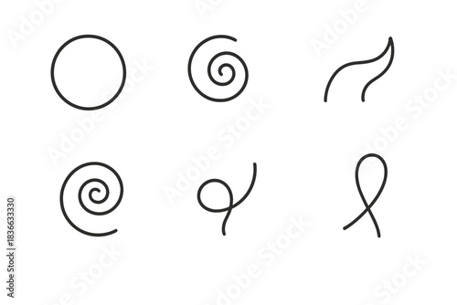 Sacred Vortex Icons. Line style icons of sacred vortex progression: divine circle, ascending spiral, spiritual wave, luminous