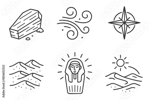 Celestial Burial Icons. Line style icons of wind-swept celestial burial: desert coffin, swirling gusts, star compass, shifting