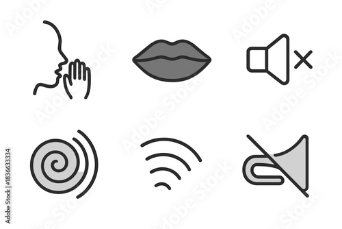 Muted Sound Icons. Line style icons of shaded vocal demand: whisper mark, dusky lips, waning tone, fading resonance, quiet spiral,