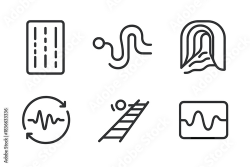 Sound Framework Icons. Line style icons of framework aural rut: patterned slot, echo path, tonal corridor, sound loop, vibration
