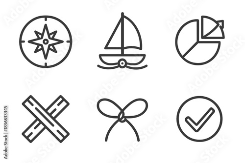 Line Style Marine Icons. Line style icons of ocean spar output: water compass, mast pivot, yield wheel, result rope, ship