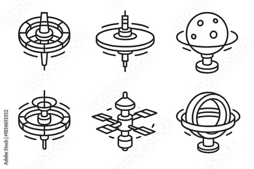 Rotating Space Station Icons. Line style icons of rotating frontier bases: orbital dock, turning platform, observation sphere,