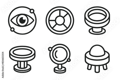 Circular Station Icons. Line style icons of circular station watching: orbit eye, rotating hub, observation ring, revolving