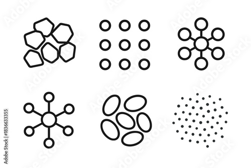 Line Style Particle Icons. Line style icons of particle structures: assembled grains, glowing dots, harmonic clusters, networked