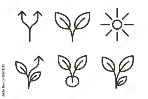 Progress Encouragement Icons. Line style icons of progress encouragement junction: branching paths, meeting leaves, connected