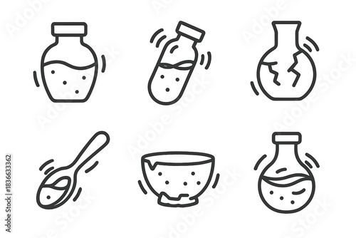 Quaking Potion Icons. Line style icons of quaking potion from an excavation: potion jar, vibrating vial, cracked flask, trembling