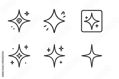 Custom Twinkle Icons. Line style icons of made-to-order twinkles in carvings: precise glow, hand-shaped sparkle, custom etch,