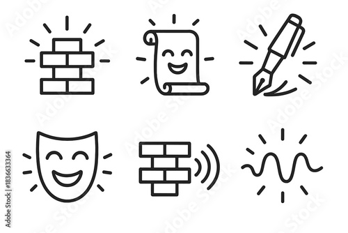 Ecstatic Storytelling Icons. Line style icons of ecstatic storytelling wall: radiant bricks, joyful scroll, glowing pen, smiling