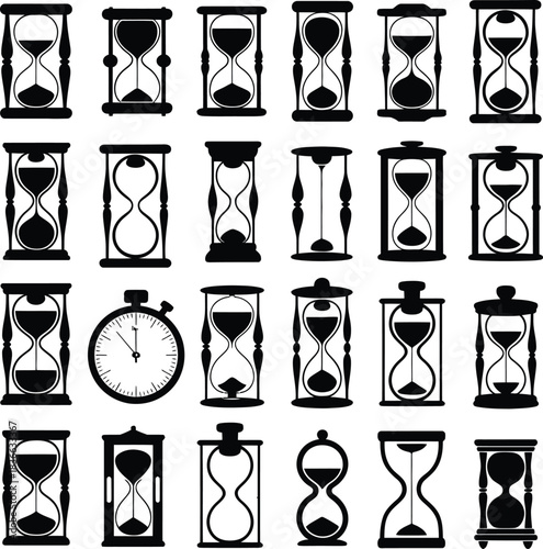 Hourglass and Sand Timer Silhouette Icon Set