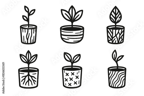 Woodcut Plant Icons. Line style icons of copied plant vessels in woodcuts: carved stem, engraved channel, wooden leaf, printed