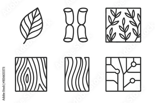 Botanical Line Icons. Line style icons of carved botanical duplication: etched veins, mirrored tubes, plant pattern, rhythmic wood