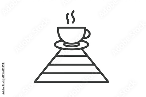 Spiritual Pyramid Coaster Icons. Line style icons of contemplative coaster on pyramid: centered disc, glowing cup, ancient layers,