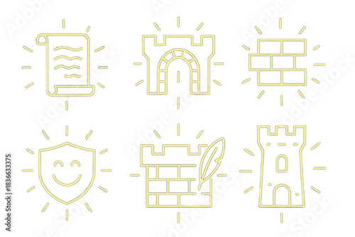 Luminous Story Icons. Line style icons of luminous story fortress: glowing script, shining arch, radiant bricks, joyful emblem,
