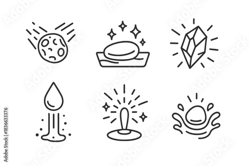 Cosmic Cleansing Stones Icons. Line style icons of cosmic cleansing stones: radiant meteor, shining wash, glowing fragment, liquid