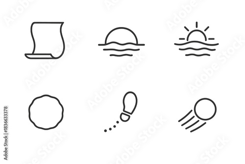 Ephemeral Iconic Elements. Line style icons of ephemeral final proposal: floating page, veiled horizon, luminous dusk, dim seal,