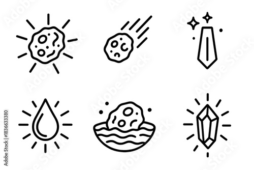 Cleansing Meteorite Icons. Line style icons of cleansing insights from meteorites: radiant stone, falling spark, purifying beam,