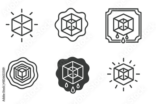 Mourning Tesseract Icon. Line style icons of mourning fourth-dimensional token: glowing tesseract, echoing facets, sorrowful frame