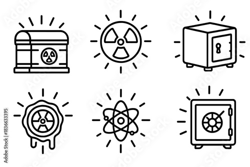 Radiant Nuclear Icons. Line style icons of nuclear-illuminated secret containers: radiant chest, glowing radiation mark, secure