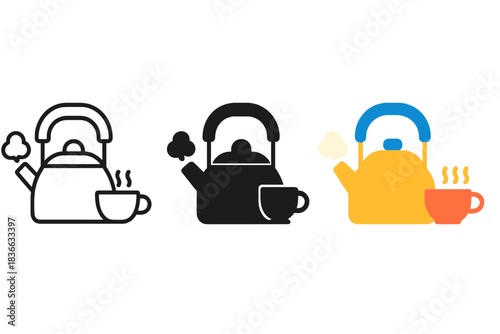Kettle and Tea Icons. three minimal vector icons of boiling kettle with whistle steam cloud and tea cup, line outline style, solid