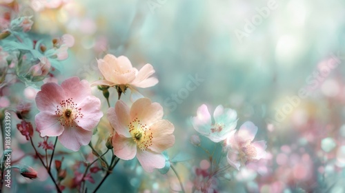 Delicate pink flowers open under soft light surrounded by a gentle vibrant garden landscape.