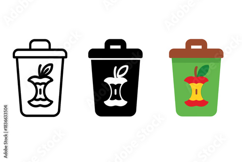 Compost Bin Icons. Minimalist compost bin icon featuring apple core and leaf detail inside, first in line style with thin outline,