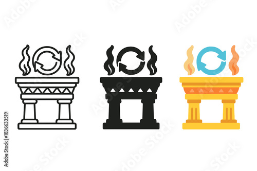 Blended Symbolic Structures. Symbolic structure blending ancient prayer altar and digital process loop, first in line style with