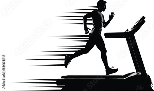 Silhouette of a man running fast a treadmill with motion blur effect
