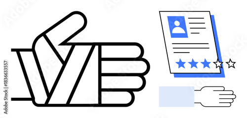 Injured hand wrapped in bandage next to a reviewed document with profile photo and star rating. Ideal for healthcare, personal injury, evaluation, recruitment, rating, work safety, simple flat