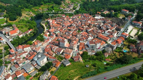 Aerial panorama view from the old town of the city Ribadavia on a sunny  summer afternoon in Spain