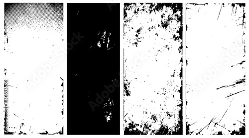 Black and white punk grunge background set with four vertical panels, high-contrast scratched and distressed textures creating a bold, edgy abstract design.