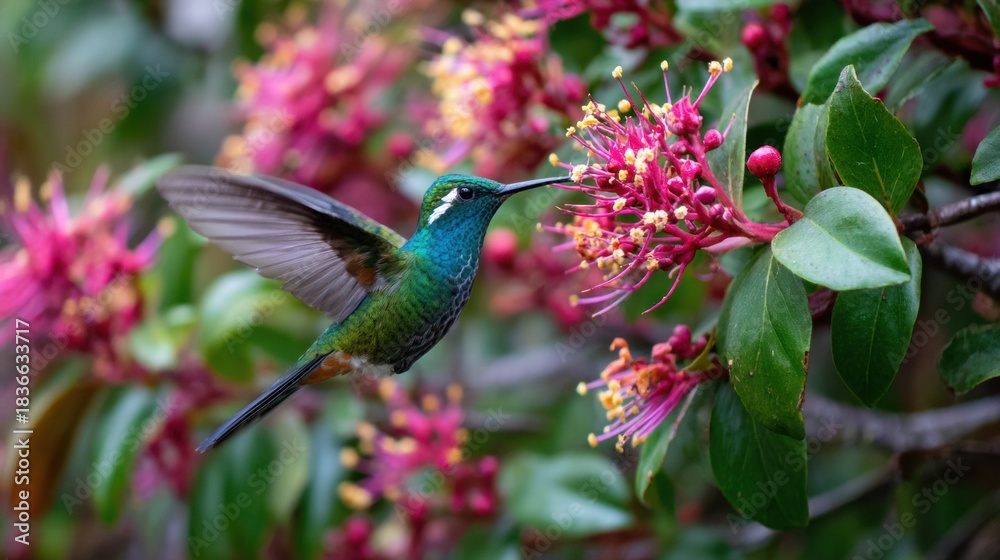 Naklejka premium Hummingbird Hovers Near Flowers in Lush Garden, Showcasing Aztec Symbol of Joy and Natures Beauty During Bright Daylight Hours
