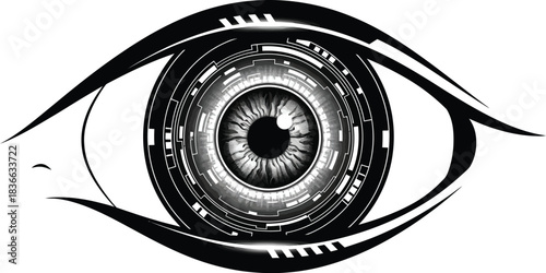 Black and graphic illustration of a futuristic cybernetic eye with intricate digital circuit patterns in iris