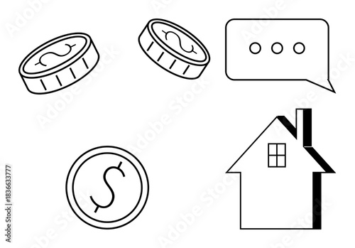Financial planning, communication, investment, real estate, economics, home ownership. Coins, speech bubble house icon. Financial planning and communication