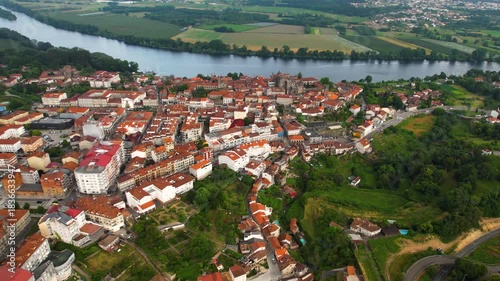 Aerial panorama view from the old town of the city Tui on an overcast summer afternoon in Spain