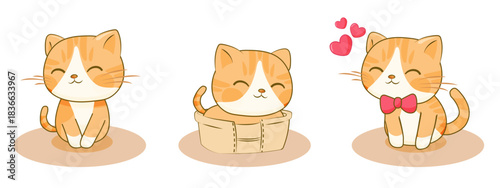 Cute cartoon orange cats in three poses with soft pastel colors in adorable character style