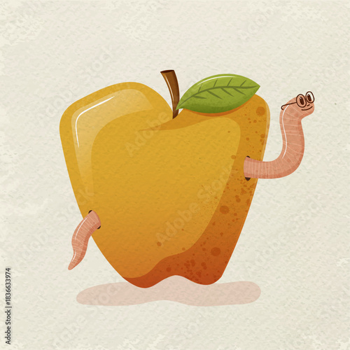 Cute textured illustration of yellow apple with smiling worm in playful retro style