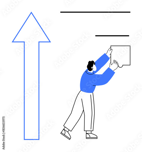 Business growth concept. A large upward arrow progress and success, with a figure adjusting a box strategic planning. Designed for presentations, entrepreneurship, management, planning, and teamwork