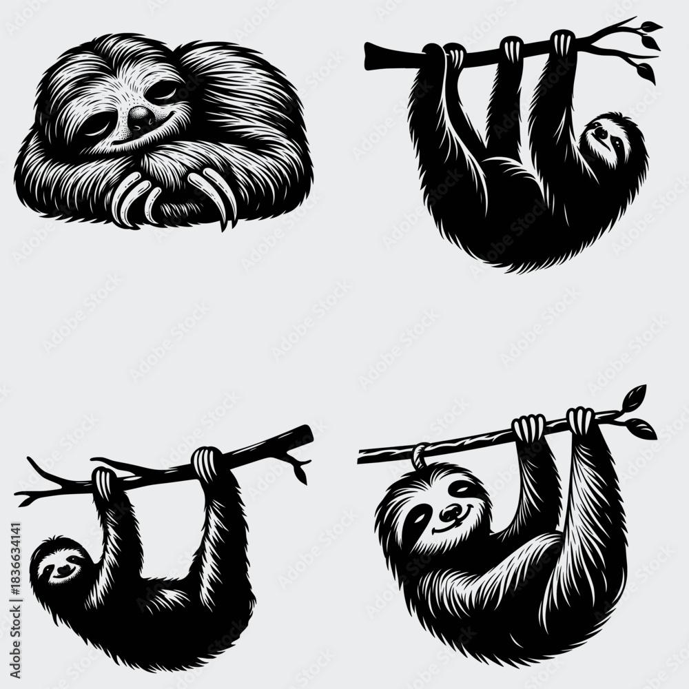 Naklejka premium Funny Sloth Vector SVG Bundle, Sloth Hanging Tree SVG, Lazy Sloth SVG, Sloth Hanging Branch SVG, Silhouette, Vector, Cricut, Cutting File, Funny Animals SVG