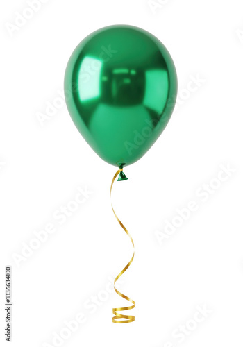 A vibrant emerald green metallic helium balloon with a reflective surface and elegant gold ribbon, floating on a transparent studio background with copy space, showcasing celebratory elegance