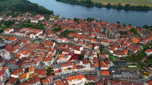Aerial panorama view from the old town of the city Tui on an overcast summer afternoon in Spain
