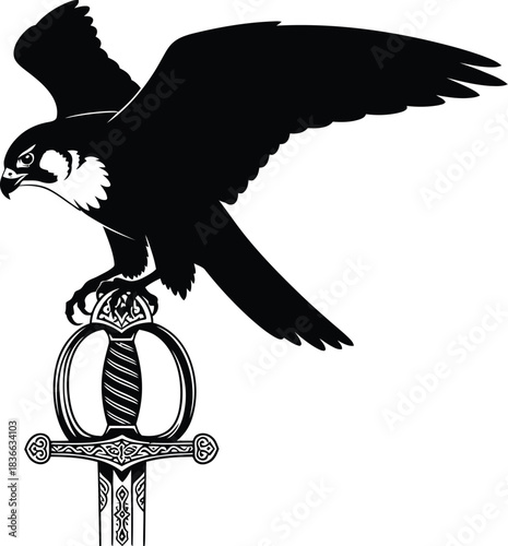 Black and silhouette vector graphic of a fierce falcon perched atop a decorative sword hilt