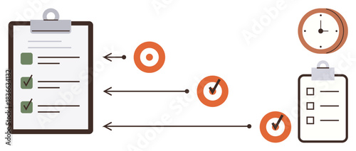 Clipboard with checklists, arrows pointing at milestones, timeline icons, and a clock. Ideal for workflow, organization, project planning, time management, productivity scheduling simple flat