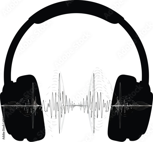 Black silhouette of overear headphones with a visible sound wave graphic inside