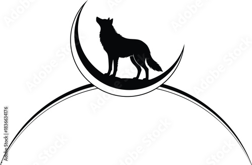 Black silhouette of a howling wolf standing a crescent moon, , minimalist logo design