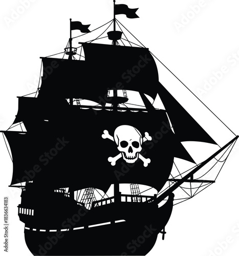 Silhouette of a classic pirate ship with full sails flying jolly roger flag