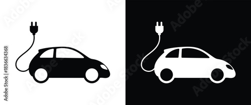 Electric car with plug icon symbol, EV car, Green hybrid vehicles charging point logotype, Eco friendly vehicle concept. Vector illustration