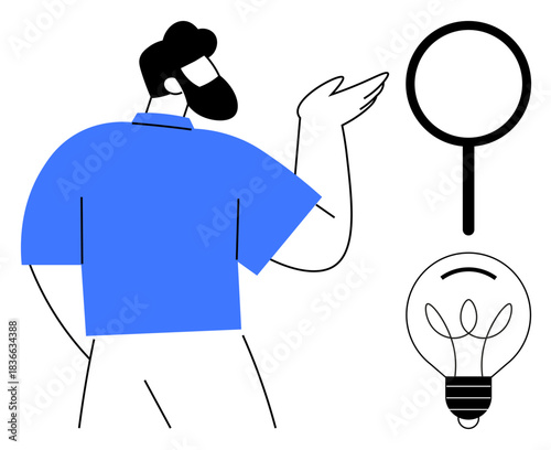 Idea generation, research analysis, creative thinking, problem solving, innovation, inspiration. Person gesturing with magnifying glass and light bulb icons. Idea generation and research analysis