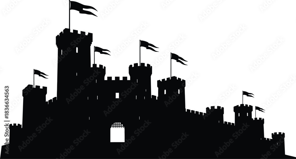 Fototapeta premium Silhouette of a medieval castle with multiple towers and flags